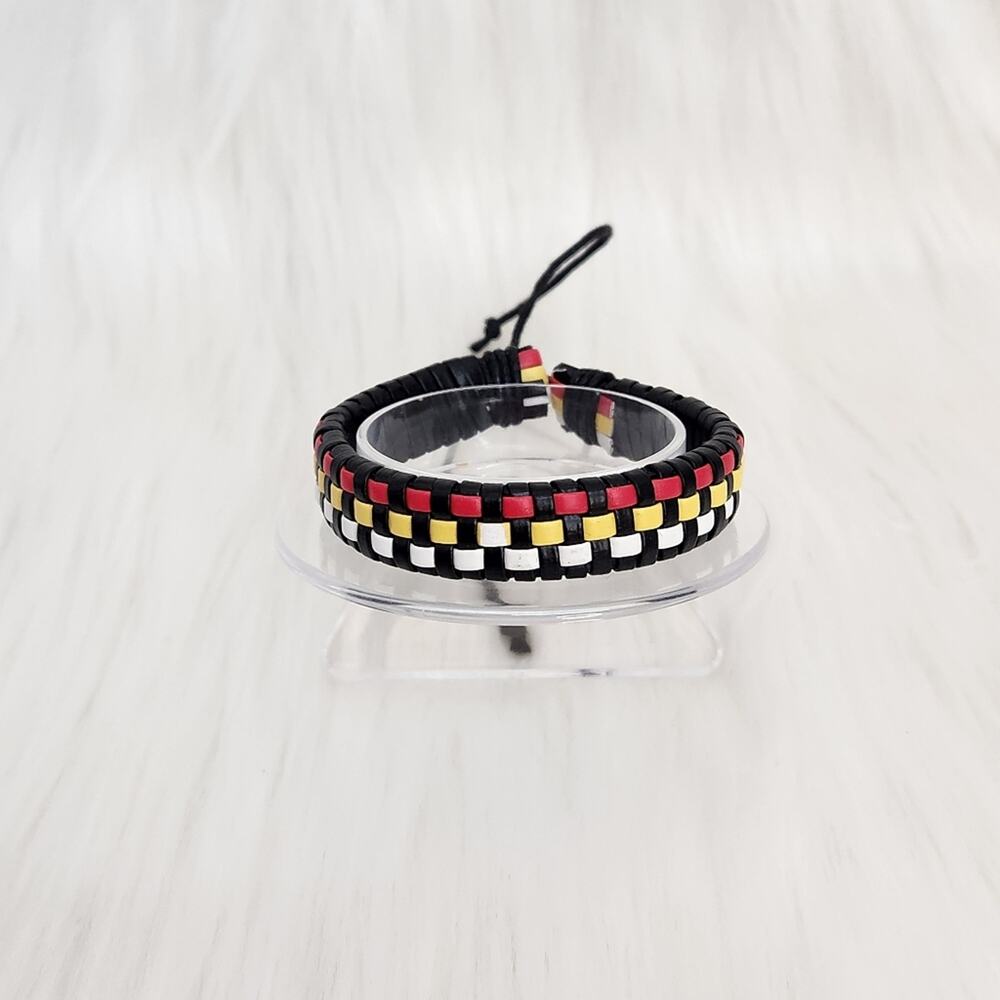 PU Leather Strand Bracelet Yellow Black White Ethnic Boho Reggae Hip Hop Unisex - Picture 2 of 3